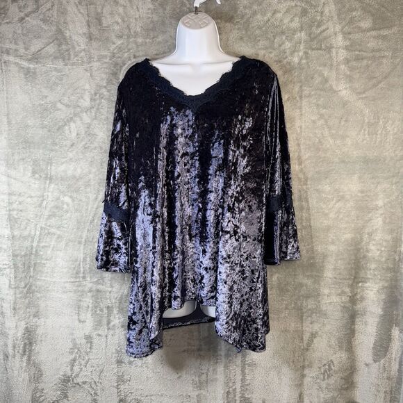 Absolutely Famous 1X Crushed Velvet Tunic Top Blue Purple Lace Trim Bell Sleeve - Picture 1 of 10